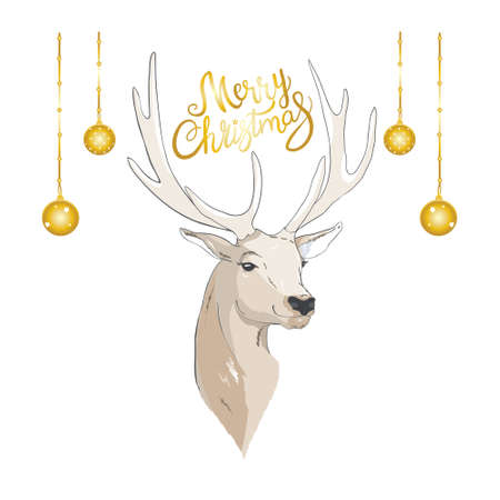 Deer with Christmas balls on the horns. Christmas card with a deer and letters. Cute winter poster, Christmas card, banner, sticker, gift tagのイラスト素材