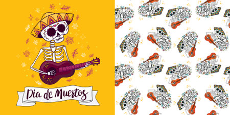 Day of the dead set for the day of the dead illustration and seamless patterns with skulls, tombstones, tequila, flowers and candles for Dia de los mueros and Halloween. Vectorの写真素材