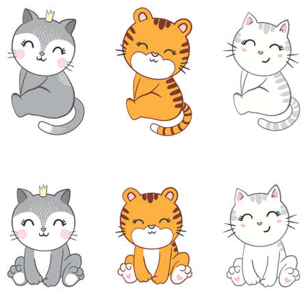 Cute cats. Hand drawn characters. Sweet funny kittens. Vector illustration.のイラスト素材