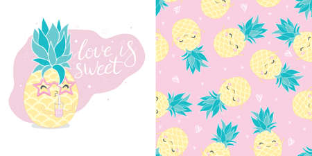 A set of cute pineapple in sunglasses for children's clothing. Vector illustrationのイラスト素材