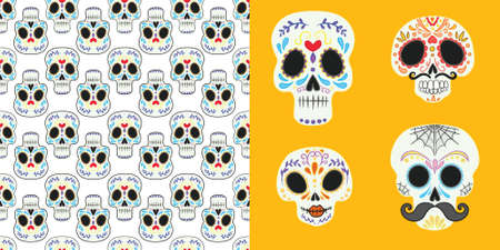 Day of the dead set for the day of the dead illustration and seamless patterns with skulls, tombstones, tequila, flowers and candles for Dia de los mueros and Halloween. Vectorのイラスト素材