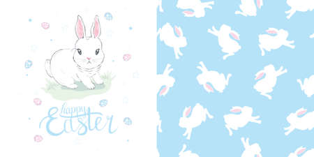 Set of seamless Easter vector paper and postcards with rabbit, hare, bunnyのイラスト素材