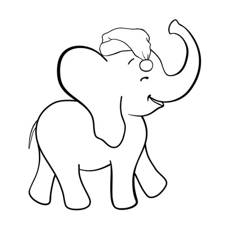 Hand drawn vector illustration of a cute funny elephant in a Santa hat, Merry Christmas. Isolated objects on white background, style flat design, invite, sketchのイラスト素材