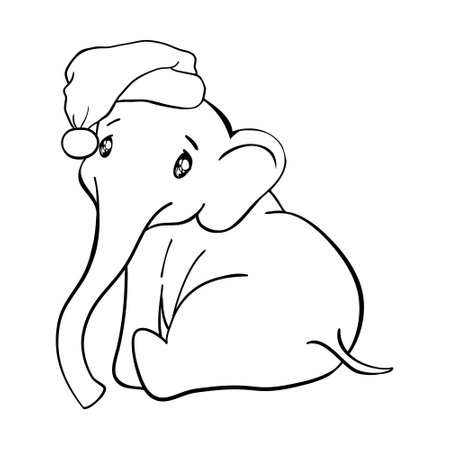 Hand drawn vector illustration of a cute funny elephant in a Santa hat, Merry Christmas. Isolated objects on white background, style flat design, invite, sketchのイラスト素材