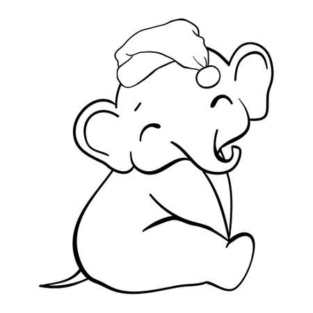 Hand drawn vector illustration of a cute funny elephant in a Santa hat, Merry Christmas. Isolated objects on white background, style flat design, invite, sketchのイラスト素材