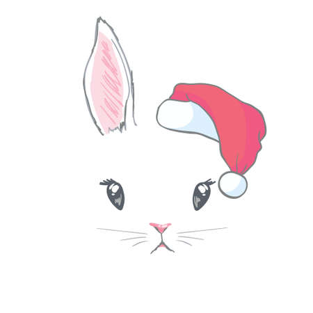 Cute rabbit card. Santa Claus hat on bunny vector illustration. New Year square banner with smiling bunny. Winter holiday package design. Flat forest animal.のイラスト素材