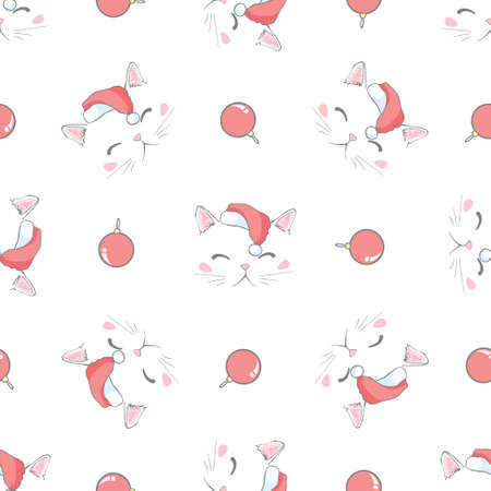 cat seamless pattern Christmas Santa Claus hat kitten vector cartoon repeat wallpaper scarf isolated tile background illustration doodle designのイラスト素材
