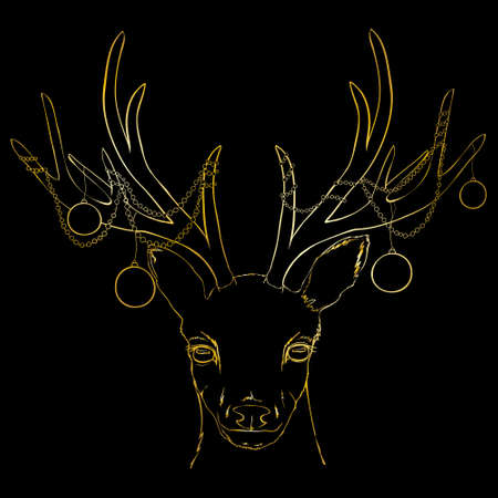 Christmas and New Year's sketch with a deer, various Christmas balls. A hand-drawn sketch. Design for greeting cards, calendars, banners, invitationsのイラスト素材