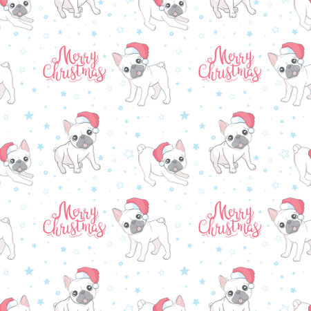Dog seamless pattern Christmas. French bulldog Santa Claus Xmas hat and candy cane cartoon.のイラスト素材