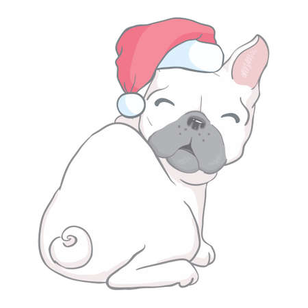 Christmas card. Image Portrait of French bulldog in Santa hats. Vector illustration.のイラスト素材