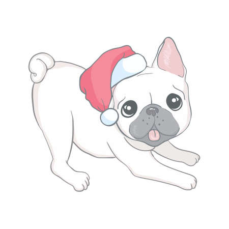 Christmas card. Image Portrait of French bulldog in Santa hats. Vector illustration.のイラスト素材