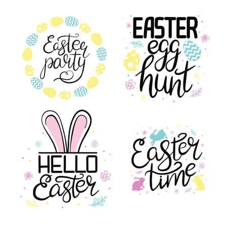 Set Easter greeting cars with spring flowers and calligraphy text. Hand drawn vector illustration.のイラスト素材