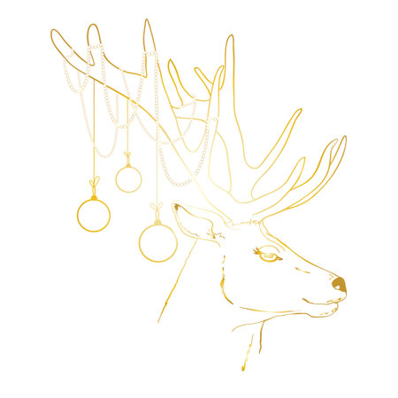 Christmas and New Year's sketch with a deer, various Christmas balls. A hand-drawn sketch. Design for greeting cards, calendars, banners, invitationsのイラスト素材