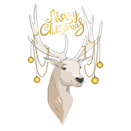 Deer with Christmas balls on the horns. Christmas card with a deer and letters. Cute winter poster, Christmas card, banner, sticker, gift tagのイラスト素材