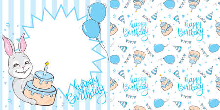 Set of baby shower invitation with cartoon rabbit, helium balloons. Vector illustrationのイラスト素材