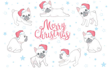 Happy New Year card. Abstract card with cute french bulldog in santa hat. Vector illustration.のイラスト素材