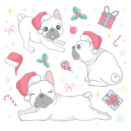 Happy New Year card. Abstract card with cute french bulldog in santa hat. Vector illustration.のイラスト素材