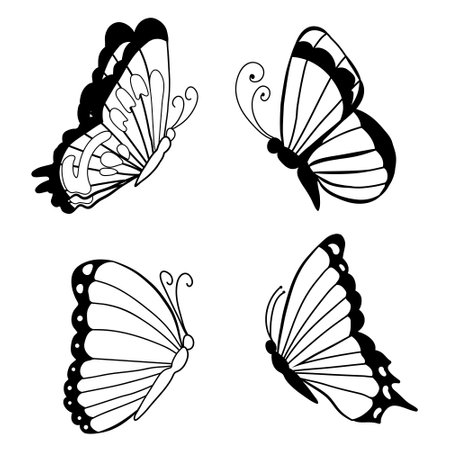 Hand drawn set of doodle insects. Monochrome image of flying and sitting butterflies. Black and white elements for coloring. Vector sketch.のイラスト素材