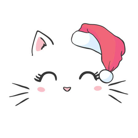 Cute kitten in a santa hat. Funny cat. Christmas illustration can be used for greeting cards, coloring books and stationery.のイラスト素材