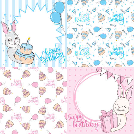 Set of baby shower invitation with cartoon horse, rabbit, helium balloons, flowers and clouds on blue and pink background. It's a boy. It's a girl. Vector illustrationのイラスト素材