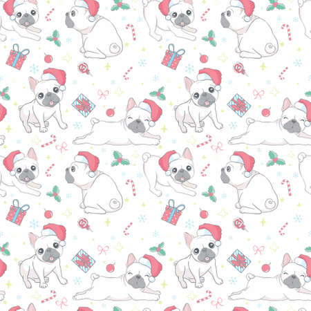 Dog seamless pattern Christmas. French bulldog Santa Claus Xmas hat and candy cane cartoon.のイラスト素材