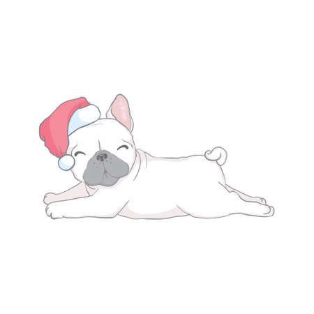 Christmas card. Image Portrait of French bulldog in Santa hats. Vector illustration.のイラスト素材