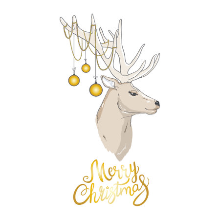 Deer with Christmas balls on the horns. Christmas card with a deer and letters. Cute winter poster, Christmas card, banner, sticker, gift tagのイラスト素材