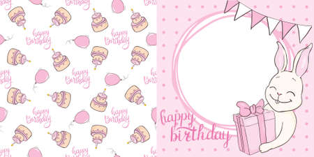 Set of baby shower invitation with cartoon rabbit, helium balloons. Vector illustrationのイラスト素材