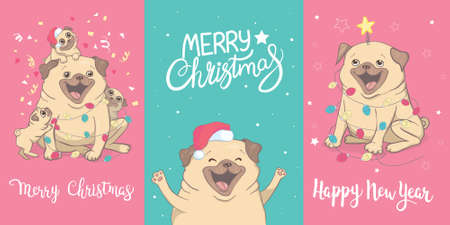 Christmas cartoon illustration about a pug. Cute friendly fat chubby sitting pug puppy. Pets, dog lovers, Christmas greeting card on the theme of animalsのイラスト素材
