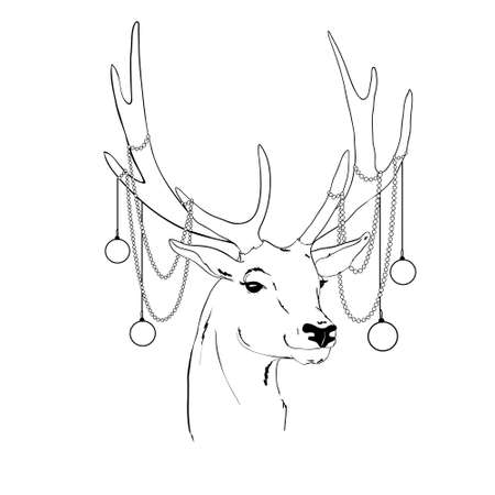 Deer with Christmas balls on the horns. Christmas card with a deer and letters. Cute winter poster, Christmas card, banner, sticker, gift tagのイラスト素材