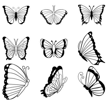 Hand drawn set of doodle insects. Monochrome image of flying and sitting butterflies. Black and white elements for coloring. Vector sketch.のイラスト素材