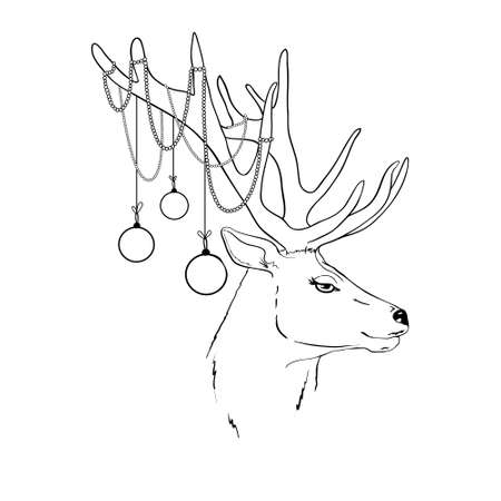 Deer with Christmas balls on the horns. Christmas card with a deer and letters. Cute winter poster, Christmas card, banner, sticker, gift tagのイラスト素材
