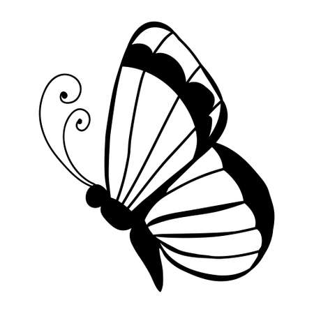 Big cute butterfly. Freehand linear black ink hand drawn logo in art retro scribble design style pen on paper.のイラスト素材