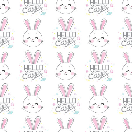 Seamless pattern with daisy garden and rabbits on pink background vector illustration. Cute cartoon character.のイラスト素材