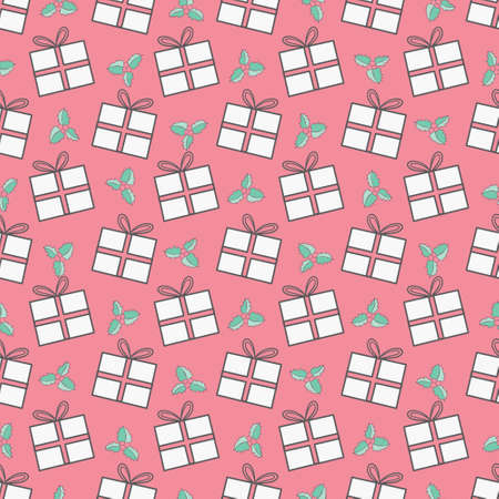 Christmas gift boxes vector pattern in retro style. Seamless background with gift boxes with bows. Illustration for greeting cards, invitations, posters.のイラスト素材