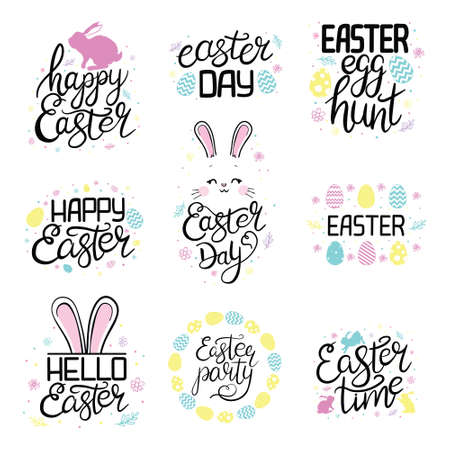 Hand sketched Happy Easter text. Drawn Resurrection Sunday postcard, card, invitation, poster, banner template lettering typography. Seasons greetingsのイラスト素材