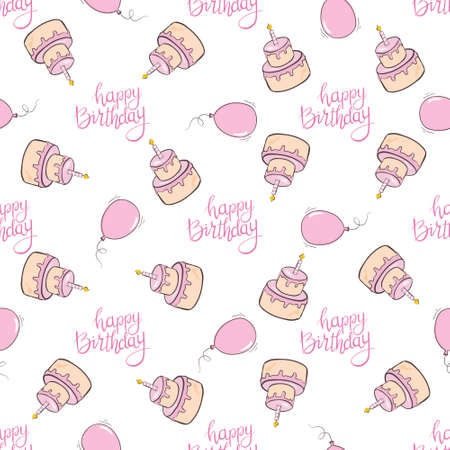 Birthday Seamless pattern. Hand drawn doodle birthday cake, gift and other Party Supplies. celebratory background. Holiday Wallpaper.のイラスト素材