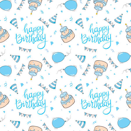 Birthday Seamless pattern. Hand drawn doodle birthday cake, gift and other Party Supplies. celebratory background. Holiday Wallpaper.のイラスト素材