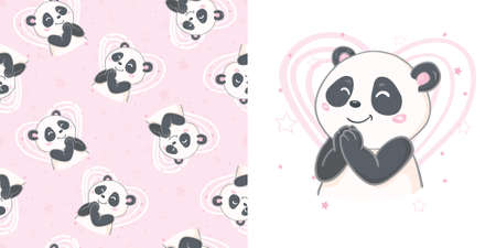 Seamless pattern Panda and heart vector illustration design greeting card for valentine's dayのイラスト素材