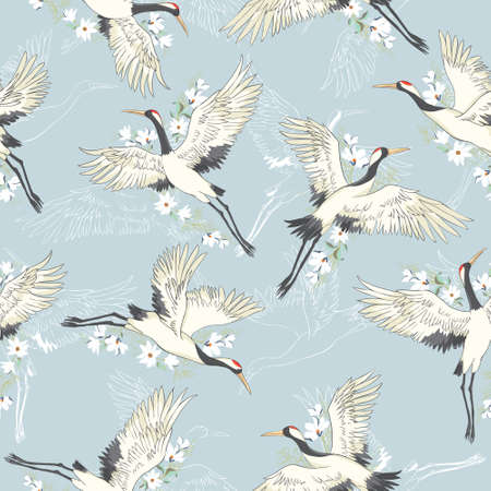 Decorative kimono floral motif background pattern with crane and flowers vector illustrationのイラスト素材