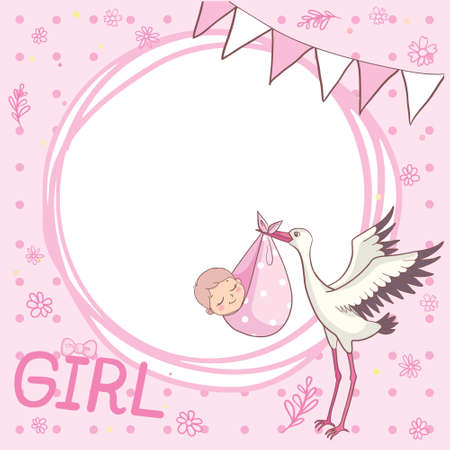 A little girl with a pink bow. Children's doodle drawing vector illustration in pink color. Use for girly surface designs, fabric printing, card printing, fashionable baby clothes, baby shower,のイラスト素材