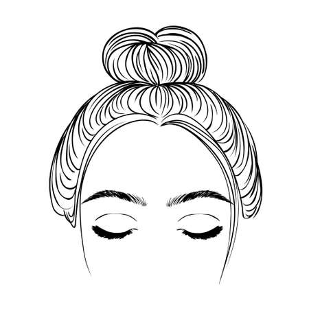Woman with stylish classic bun with perfet eyebrow shaped and ful. Illustration of business hairstyle with natural long hair. Hand-drawn idea for gretting card, poster, flyers, web, print for t-shirt.のイラスト素材