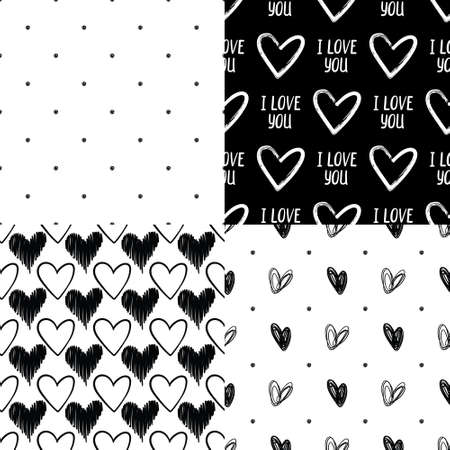 Seamless Patterns Set with Hearts and Love. Vector Retro Polka Dot Prints. Valentine's Day Illustrationsのイラスト素材