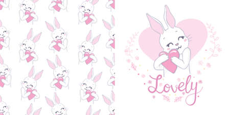 Cute hand drawn Rabbit and heart. Background for wedding, save the date, Valentine's Day, etc. vector illustrationのイラスト素材