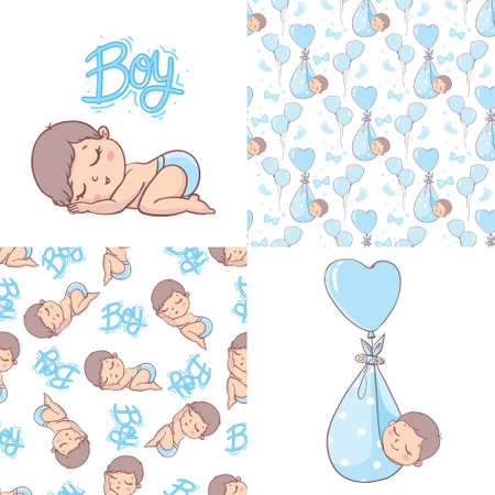 Vector greeting card. baby shower card. Baby announcement card design element. It's a boy lettering, it's a girl lettering. Baby shower party design element.のイラスト素材