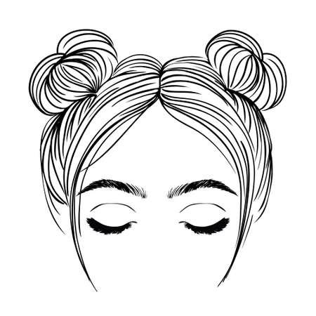 Woman with stylish classic bun with perfet eyebrow shaped and ful. Illustration of business hairstyle with natural long hair. Hand-drawn idea for gretting card, poster, flyers, web, print for t-shirt.のイラスト素材