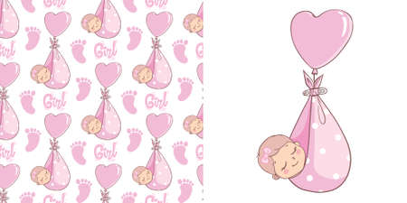 A little girl with a pink bow. Children's doodle drawing vector illustration in pink color. Use for girly surface designs, fabric printing, card printing, fashionable baby clothes, baby shower,のイラスト素材