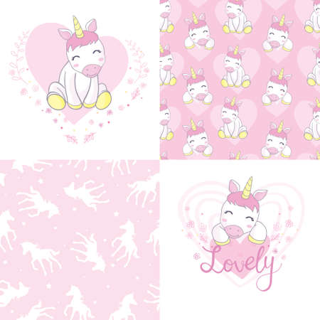 Unicorn collection. Vector illustration of cute cartoon Unicorn. Use for girly surface designs, fabric printing, card printing, fashionable baby clothesのイラスト素材