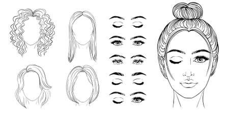 Girl face construction, avatar creation with different head parts isolated on white background. Vector cartoon set of young womanのイラスト素材