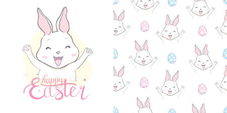Set of easter cards and pattern. Holiday covers, posters, banners, greeting cards. Cartoon flat vector illustration isolated on white backgroundのイラスト素材
